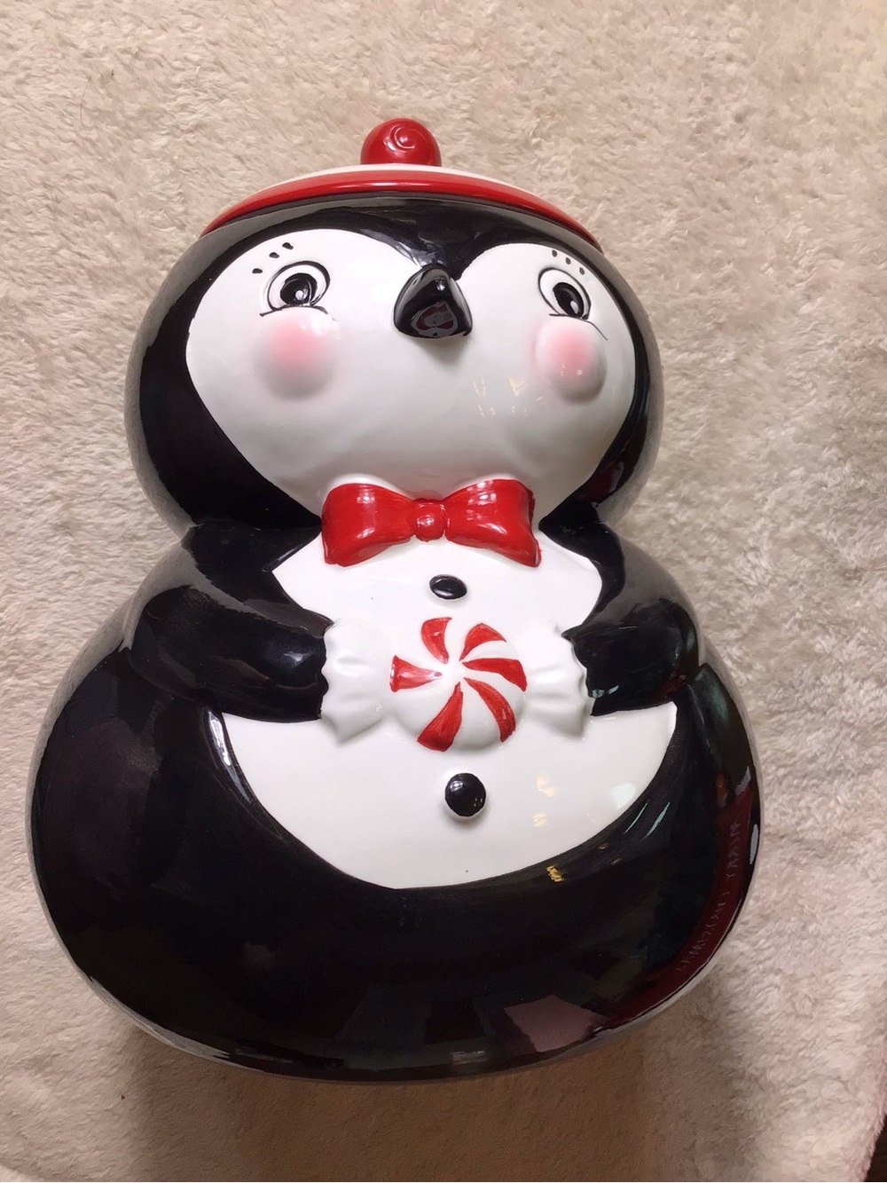 Ceramic Black & White Penguin Cookie Jar with Red Accents